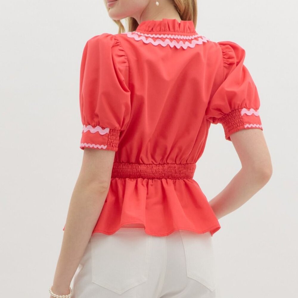 ENTRO RED RUFFLE PEPLUM TOP - Picture 3 of 7